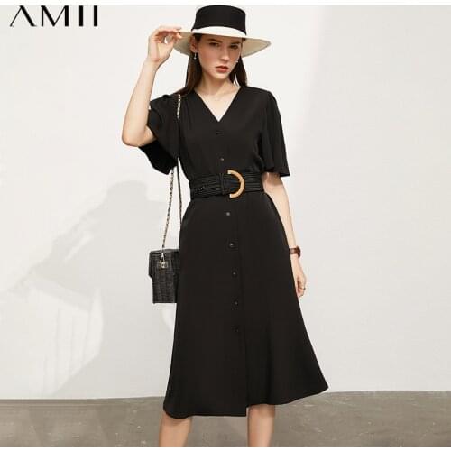 AMII Minimalism Summer New Fashion Dress For Women Causasl Solid Vneck Slim Fit Fishtail Dress Womens Summer Dress 12130209