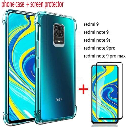 2in 1 Airbag Case + Glass On For Xiaomi Redmi Note 9s Cover Shell Redmi Remi Note 9 pro max Redmi 9 Protective Covers Coque Capa