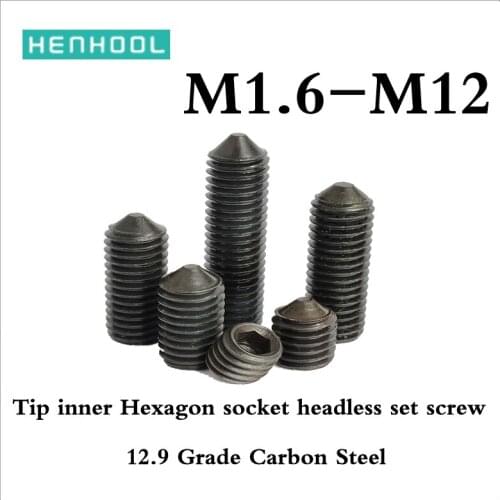 DIN914 Hexagon Socket Set Screws With Cone Poin tip inner Hexagon socket headless set screw 12.9 grade Carbon Steel M2-M12