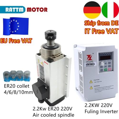 『EU Free Ship』Square 2.2kw ER20 Air Cooled Spindle Motor 220V 24000rpm Ceramic Bearing & 2.2KW Fuling Inverter& Collets for CNC