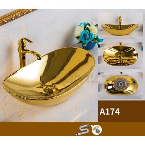 European Ingot Countertop Wash Basin Electroplated Gold Wash Basin Bathroom Shampoo Sinks Hotel Ceramic Art Basin vessel sink