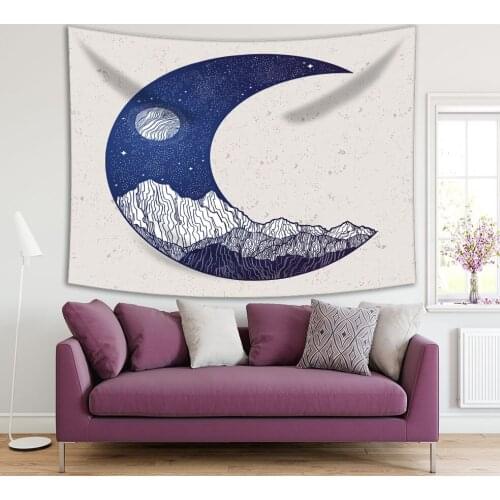 Tapestry Mountains Full Moon and Stars Night Sky in Crescent Shape Nature Theme Decorative Artwork Blue White