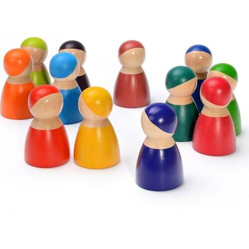Montessori Toys Grimms 12 Color Rainbow Friends Peg Dolls Wooden Toys Pretend Play People Figures Doll Colorful Blocks