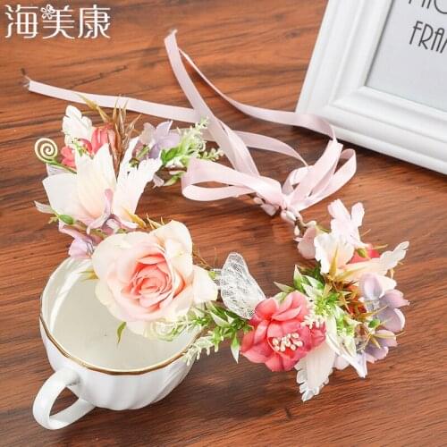 Haimeikang Exquisite Fabric Flowers Leaves Crown Garland Bridal Wedding Hair Accessories Travel Photos Headdress Adjustable