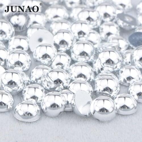 JUNAO 2 4 6 8 10 12 14mm Sliver Half Round Pearls Flat Back Glitter Crystal Beads Glue On Strass Nail Sticker Decoration