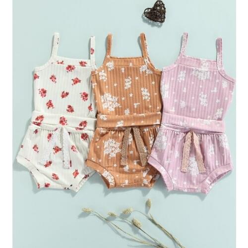 FOCUSNORM 3 Colors Newborn Baby Girls Clothes Sets 2pcs Flowers Printed Sleeveless Romper Tops Shorts 0-24M