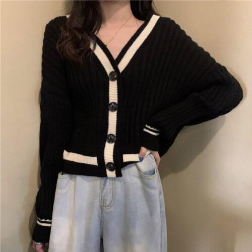 Korean Loose Sweater Women V-Neck Vintage Harajuku Knitted Jumpers Single Breasted Casual Cardigan Striped Knitwear Autumn X494