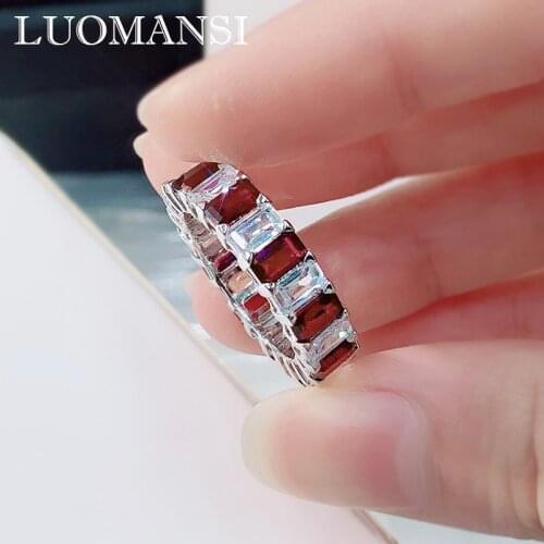 Luomansi New 100%-S925 Silver Geometric Ruby/High Carbon Diamond Ring Personalized Woman Cocktail Party Fine Jewelry