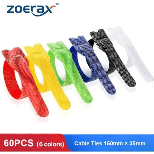 Zoerax 60Pcs Reusable Cable Ties Nylon Strap Adjustable Cable Cord Hook and Loop Ties for Organizer Wraps Cable Accessories