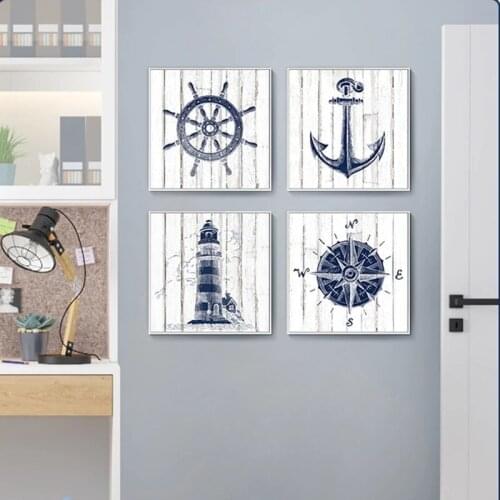 Nautical nursery wall art canvas painting navy canvas Mediterranean boy room home decoration anchor compass lighthouse canvas
