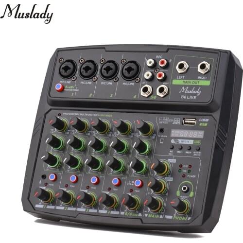 Muslady 6-Channel Audio Mixer Mixing Console LED Screen Built-in Soundcard BT Connection with 2-band EQ Gain Delay Control