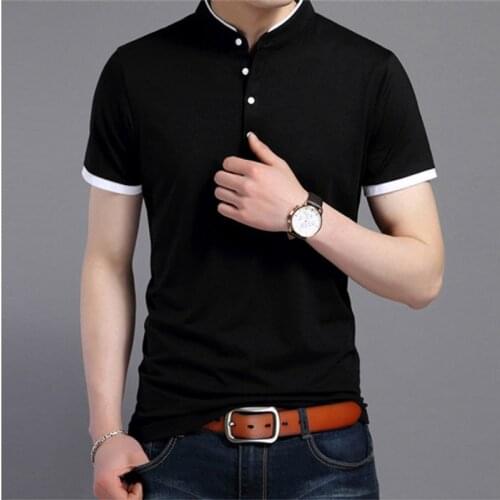 Oversized T Shirt Mens 2021 Summer Male Short Sleeve T-shirt Mens Stand Collar Solid Color Man Polo Shirt Trendy Slim Fit Black