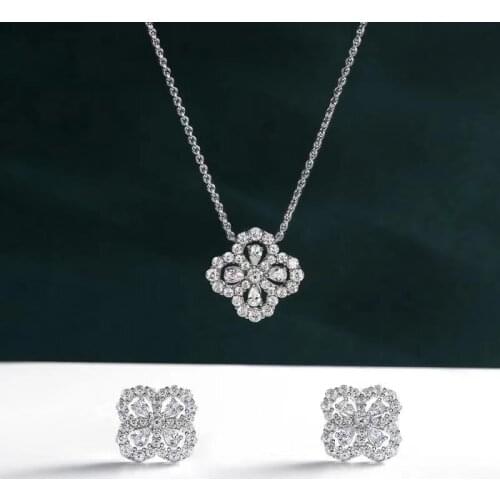 Luxury 100% 925 Sterling Silver Created Moissanite Diamonds Gemstone Four Leaf Clover Pendant/Necklace/Earrings Jewelry Set Gift