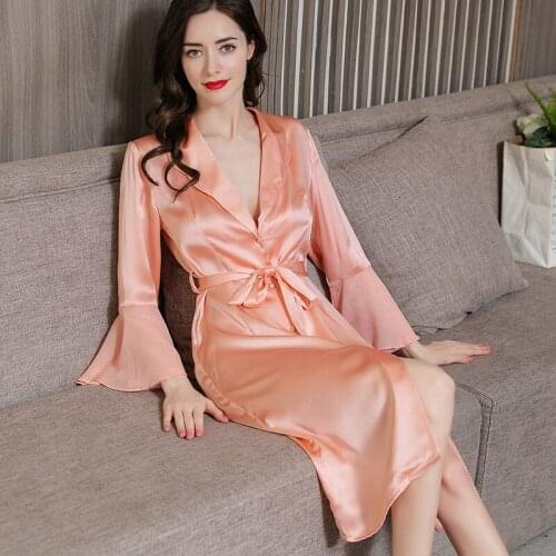 2020 Latest Long-Sleeve Real Silk Sleeping Robes Female Spring Summer 100% SILK Sexy Sleepwear Solid Color Woman Bathrobes P9952