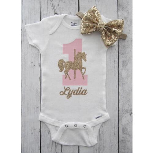 Personalized name Carousel Horse first birthday bodysuit onepiece cake mesh tutu romper Outfit Set baby shower party favors