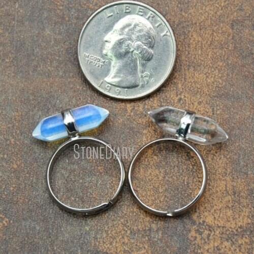 RM11547 10Pcs Silver Electoplated Faceted Double Terminated Point Ring Opal, Clear Crystal Quartz Ring Adjustable