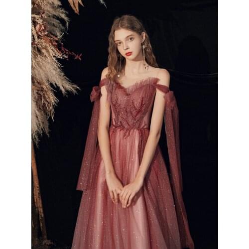 Luxury Dinner Dress for Bride Wedding Red Toast Long Off The Shoulder Fairy Birthday Party Evening Dress Red Wine A344