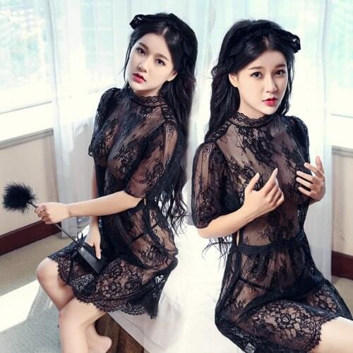 Sexy Sleepwear Night Dress Thong Nightdress Lace sleepwear Women Long Gown Black Lace Lady See Though Bridesmaid Dress
