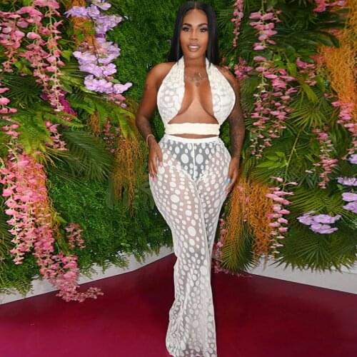 Sexy Mesh Sheer Two Piece Set Women Festival Clothing Party Club Outfits Halter Backless Tops and Wide Leg Pants Matching Sets