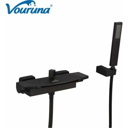 VOURUNA Luxurious Chrome&Black Wall Mounted Waterfall Bath Mixer Bathtub Shower Faucet Taps