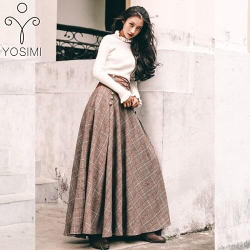 YOSIMI 2019 Women Two-piece Set Full Sleeve Pullover Blouse+Woolen Plaid Skirt Suit Women Two Piece Outfits Vintage Long Dress