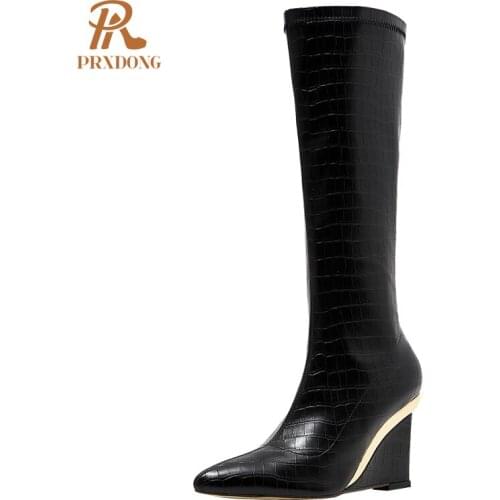 2021 New Sexy Womens Boots Pointed Toe Genuine Leather High Wedges Heeled Ankle Knee High Boots Zipper Ladies Shoes Black White