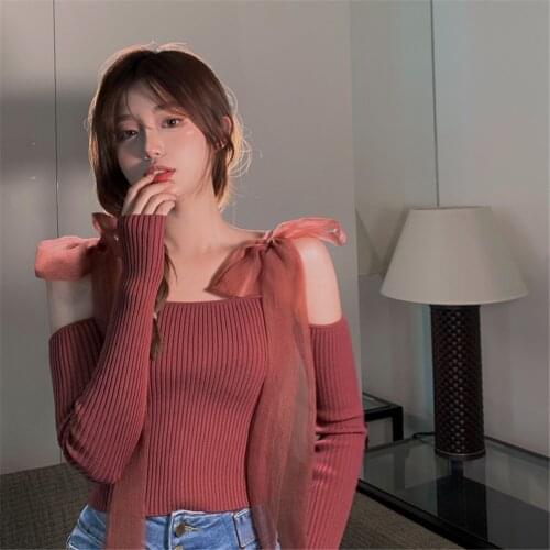 Fashion Bandage Bow Woman Sweaters Solid Slim Sexy Spring 2021 Autumn Pull Femme Off Shoulder Retro Pullover Korean Tops