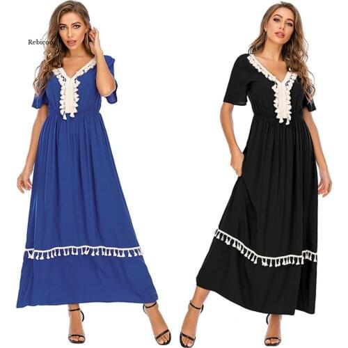 New Summer Womens Middle East Contrasting Color Tassled Long Sexy Dress Office Lady Cotton Solid Black Blue Dress