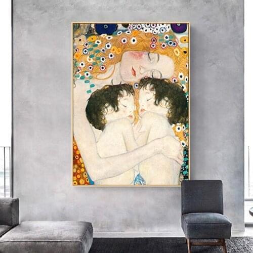 Famous Painting Mother Love Twins Baby By Gustav Klimt Canvas Painting Posters and Print Wall Art Picture for Living Room Decor