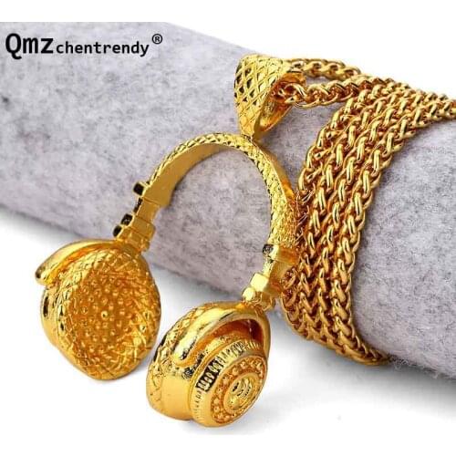 Hip hop Men Top quality Bling 24k Golden Singer DJ Headset Pendants Necklace Punk Earphone Jewelry For Men Women wholesale price