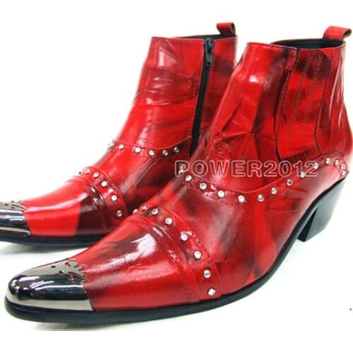Christia Bella Winter Fashion Metal Pointed Toe Man Motorcycle Short Boots Red Genuine Leather Male Business Party Ankle Boots