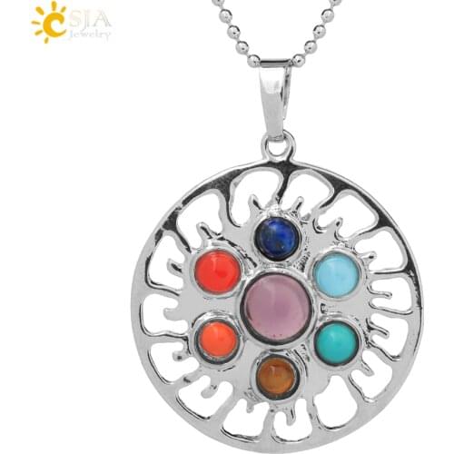 CSJA Natural 7 Stone Chakra Pendant Necklace Reiki Healing Charm Jewelry Yoga Jewellery Pendants Amulet Necklace E037