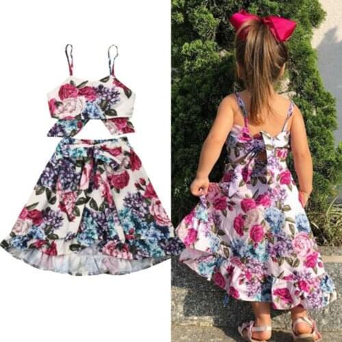 Kids Toddler Baby Girl Clothes Floral Print Sleeveless Sling Tops Ruffles A-Line Skirts Outfit Childrens Clothing Summer Dress