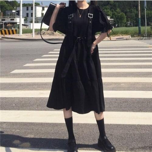 Cool Lolita Dress Womens Spring Summer Mid-Length Design Sense Niche Black Short Sleeve Dress Ins Fashion Goth Lolita Dresses