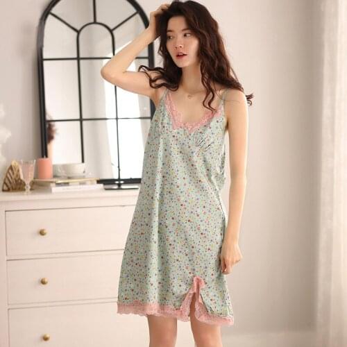 Summer harness broken beautiful nightgown womens sweet girl sexy lace printing princess thin pajamas sleepwear women 100%cotton