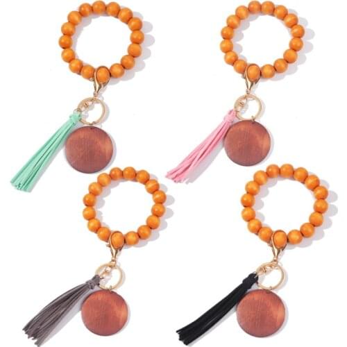 Makersland Tassel Keychain Wood Beads Wrist Strap Bracelet Keychain For Keys Pu leather Leopard Keyring For Women Accessories