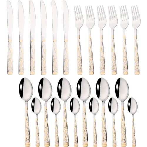 24Pcs Luxury Stainless Steel Flatware Cutlery Set Flower Dinnerware Kits Bronzing Silver Steak Knife Fork Tea Spoon Tableware