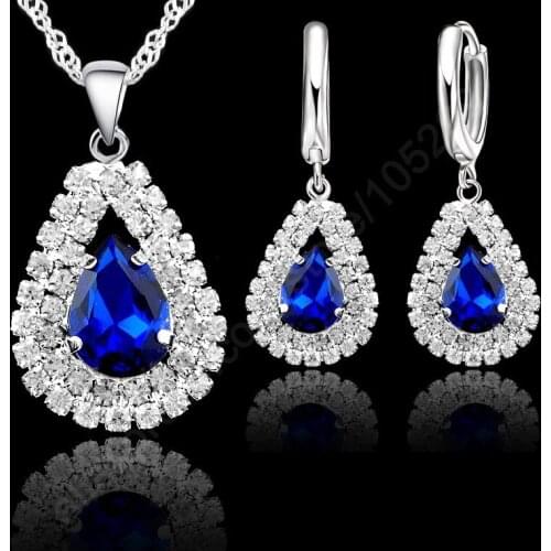 Waterdrop Design Jewelry Sets Big Stone 925 Sterling Silver Crystal Pendant Necklace Chain Hoop Earring Women Gift Accessories