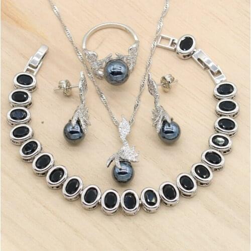 Exquisite Pearl Jewelry Sets For Women Wedding Black Cubic Zircon Silver Color Bracelet Earrings Pendant Necklace Ring 4PCS