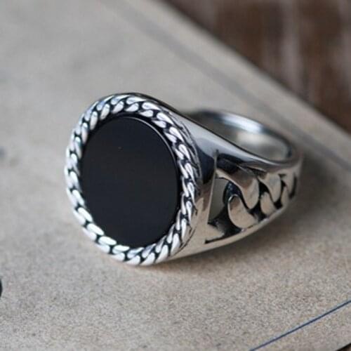 New 100% solid S925 Silver Lotus Pattern inlaid with black Agate fashionable Man Ring with Personality