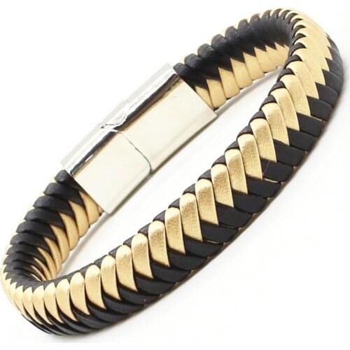 New Fashion Trendy Handmade Weave Black Brown Leather Femme Homme Male Men Titanium Steel Magnet Cuff Women Bracelet Jewelry 201