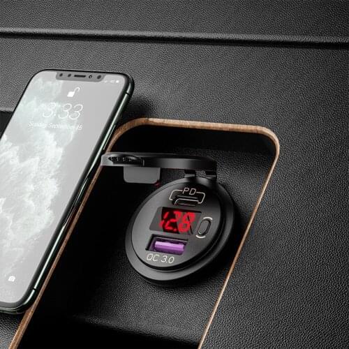 Flame Retardant ABS p21-B Fast Charge 3.0 PD USB Car Charger Single Hole Panel Socket with Switch Voltmeter Wire Car Spare Parts