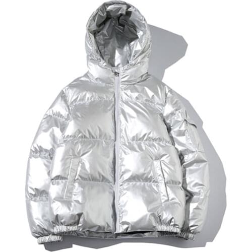 Winter Men Jacket Thick Warm Parka Jackets Silver Bright Glossy Bread Coat Fashion Young Loose Hooded Cotton Jacket Outwear Male