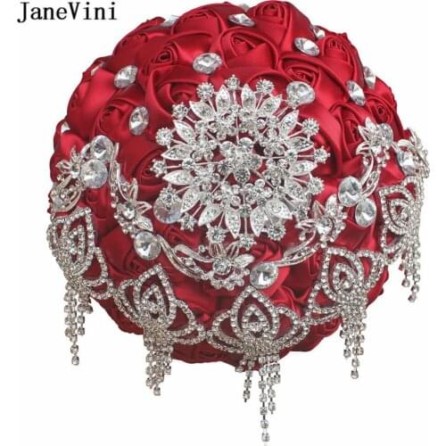 JaneVini Romantic Wedding Flowers Red Bouquet Artificial Crystal Beaded Satin Rose Bouquet Bridal Wedding Accessories Ramo Boda