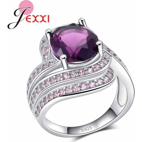 Luxury Grape Purple Round Zircon Ring For ladies Attending Cocktail Party Dress Jewelry womans 925 Sterling Silver ring