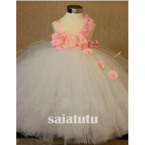 Pink Floral petal Flower Girls Children Wedding Dress Princess Kids Ball Gown Dress for Girls Pageant Party Clothes Tulle Falda