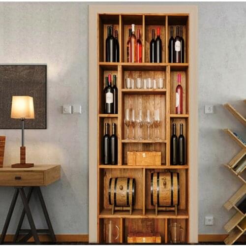 Wine Shelf Door Sticker Vintage 3D Wall Stickers for Bedroom Living Room Cellar Porta Retro PVC Mural Decal DIY Home Decor