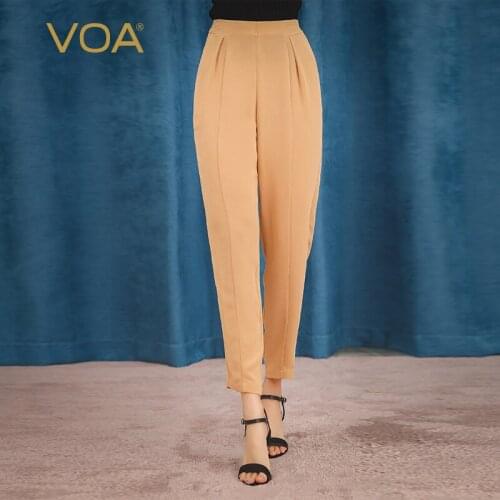 VOA Brown and Yellow 41m/m Heavy Silk Cow Ribs Mid-waist Zippered Bag Yuk Pleated Breathless Skirt Pants K1106 Streetwear Women