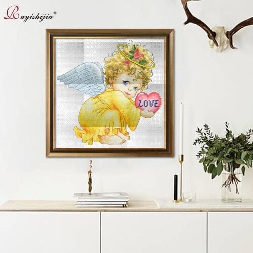 RUYISHIJIA Embroidery,Paintings,Needlework,Cross stitch kits,Golden love little angel,DIY Cross-stitch,thread embroidery