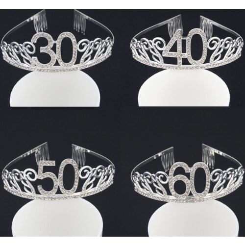 Rhinestone Crystal 30 40 50 60 Birthday Party Tiara Crown Headband for Women 30th 40th 50th 60th Birthday Queen Party Supplies